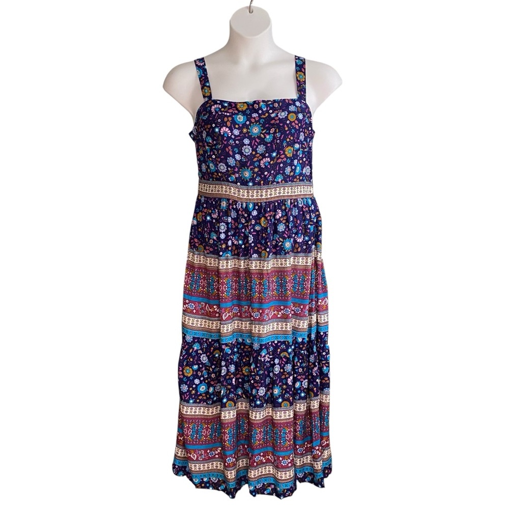 Umgee Navy Blue Multicolor Floral Sleeveless Boho Midi Dress Size Large NWT